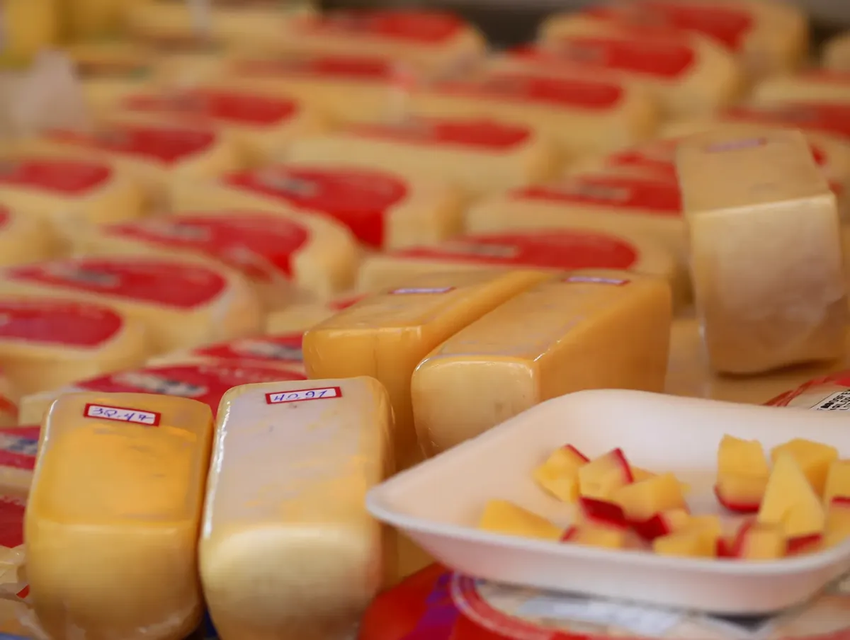 Variety of cheese blocks and samples on display at a market stall.