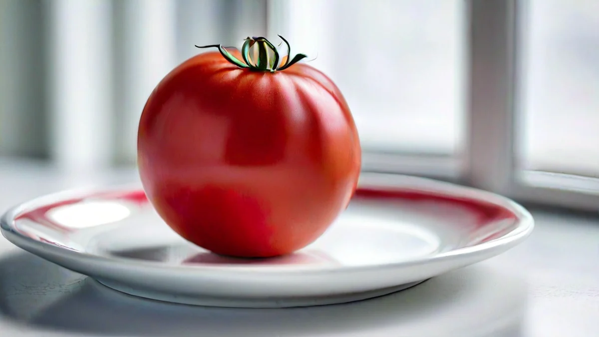 Ein ganzes Tomate mit grünem Schale und rotem Innenraum.