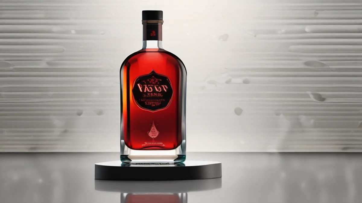 Bright red, viscous brandy bottle, glossy surface, on steel stand, warm light, shallow focus, photorealistic detail