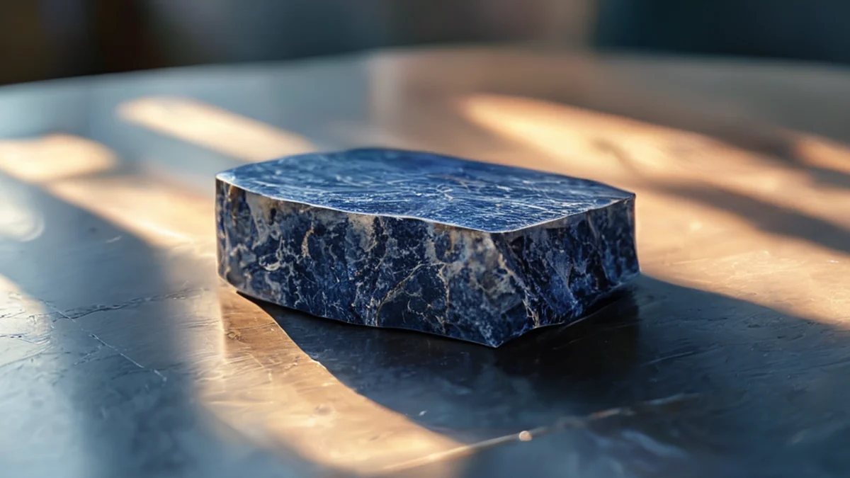 A chunk of lapis, deep blue and veined, on a steel table under warm light, with smooth surface and natural inclusions.