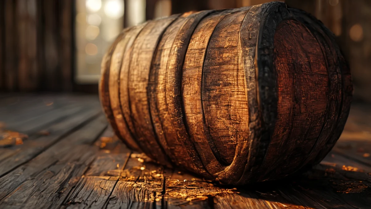 Un tonel de whiskeys masivo, quemado, corteza de madera oscura, superficie áspera, suelo de madera, hora dorada, profundidad de campo suave, fotorealista, enfoque afilado, detalles altos