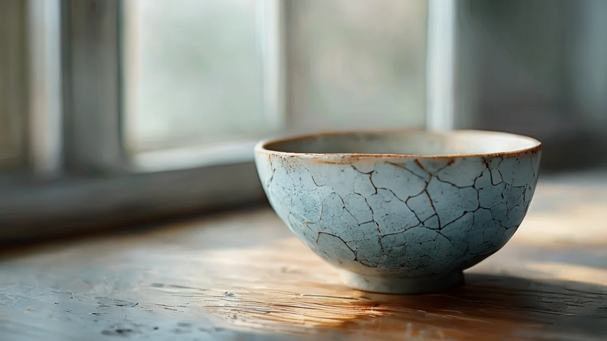 Een gebroken pannetje, keramisch materiaal, verbleekt blauw, rauwe textuur, op een houten tafel, zachte ramenlicht, zacht scherpe focus, foto-realistisch, hoog detail