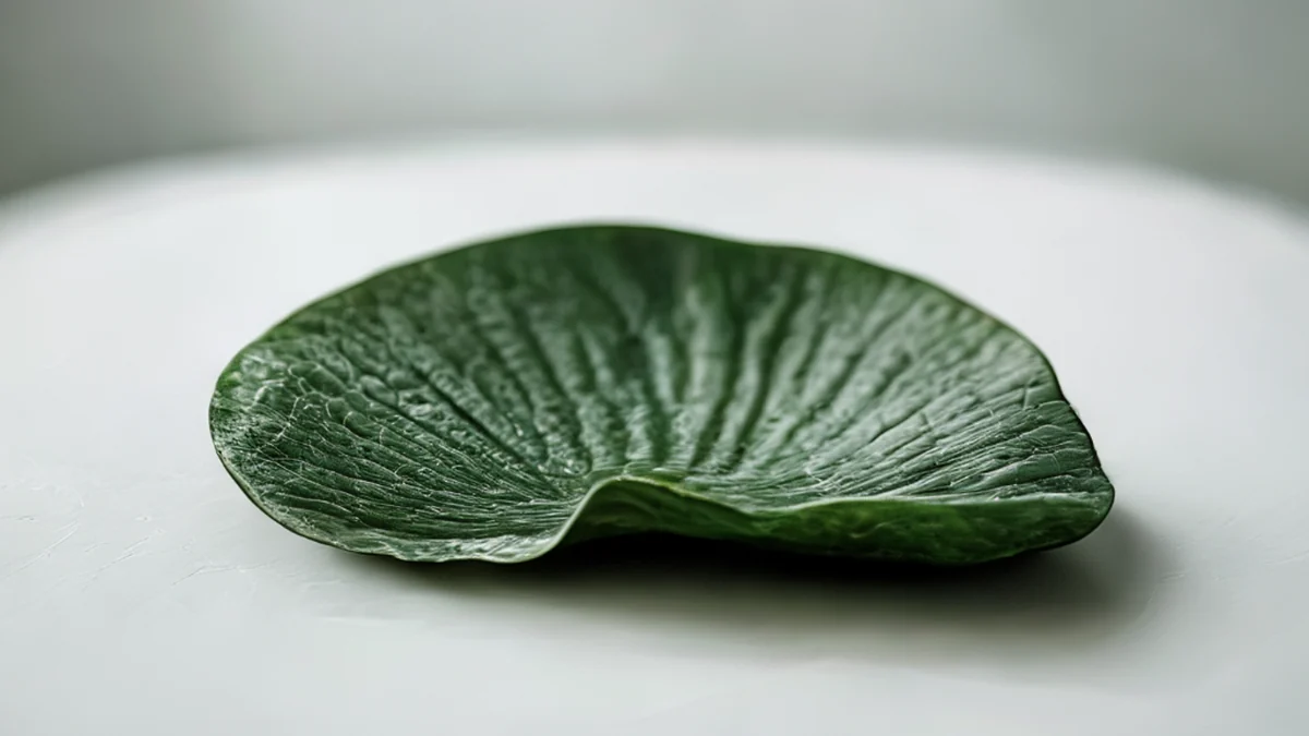 寬廣的深綠色萼片基部，有蠟質紋理的表面，靜止在白色桌面上，陰天光線，淺景深，寫實，清晰焦點，高細節