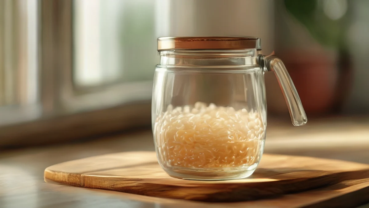 Ein klarer Glasbehälter mit Nudeln und Suppe.