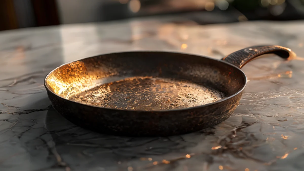 Cast iron pan with a dark, rugged surface and a handle.