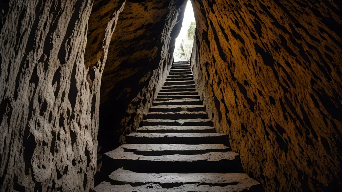 Une escalier en pierre dans un grotte montagneuse, gravée dans les parois rocheuses.
