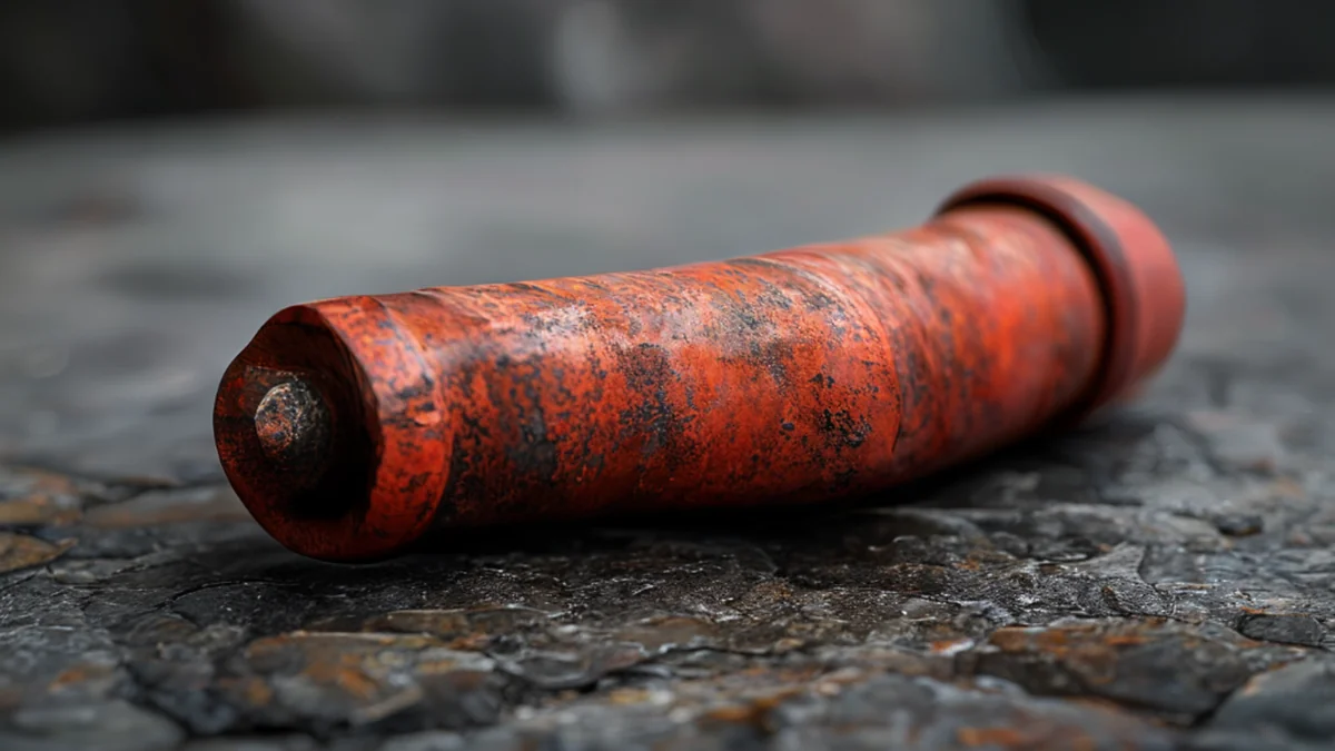 Tubo d'acciaio, rosso ruggine, cilindrico, poggiato su una superficie di pietra, softbox di studio pulito, profondità di campo sottile, fotorealistico, focus netto, dettagli alti