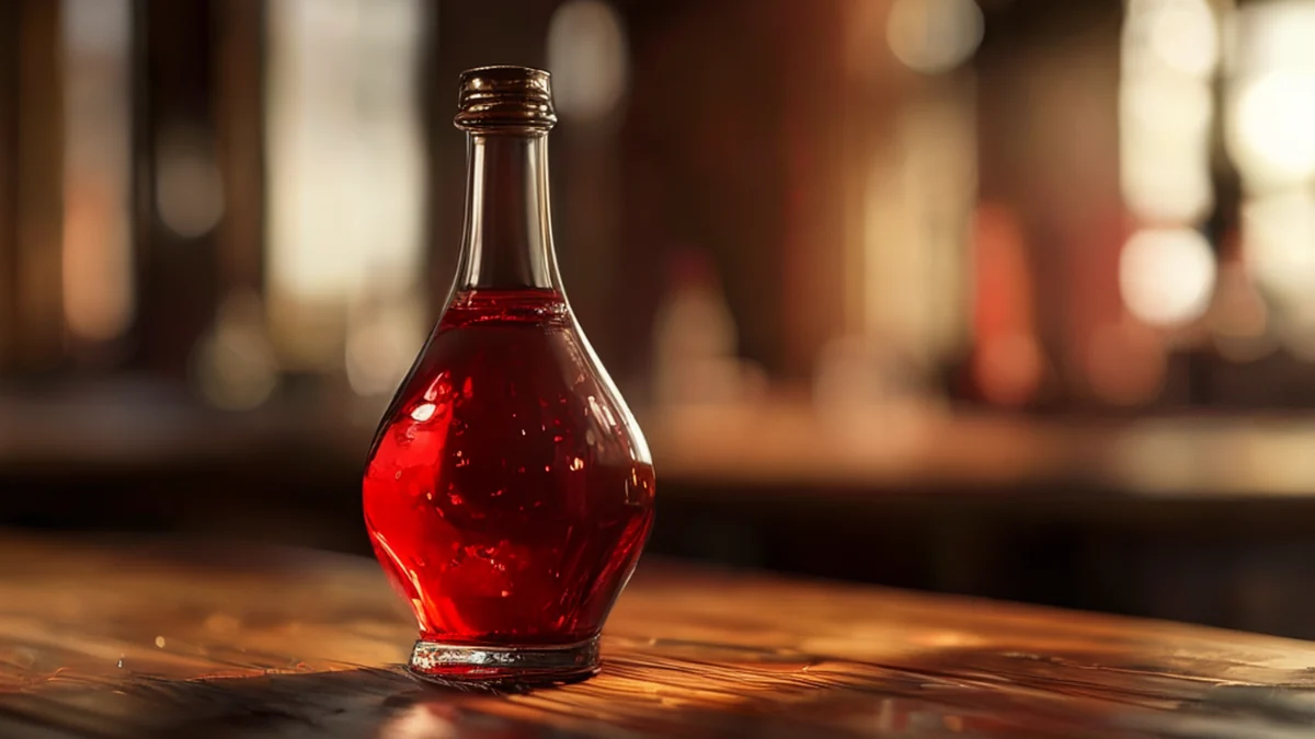 Kamome Sakeflasche, tiefrotes Glas, schmaler Hals, auf Holztisch, warmes Licht, flache Schärfe, photo-realistisch, hohe Details