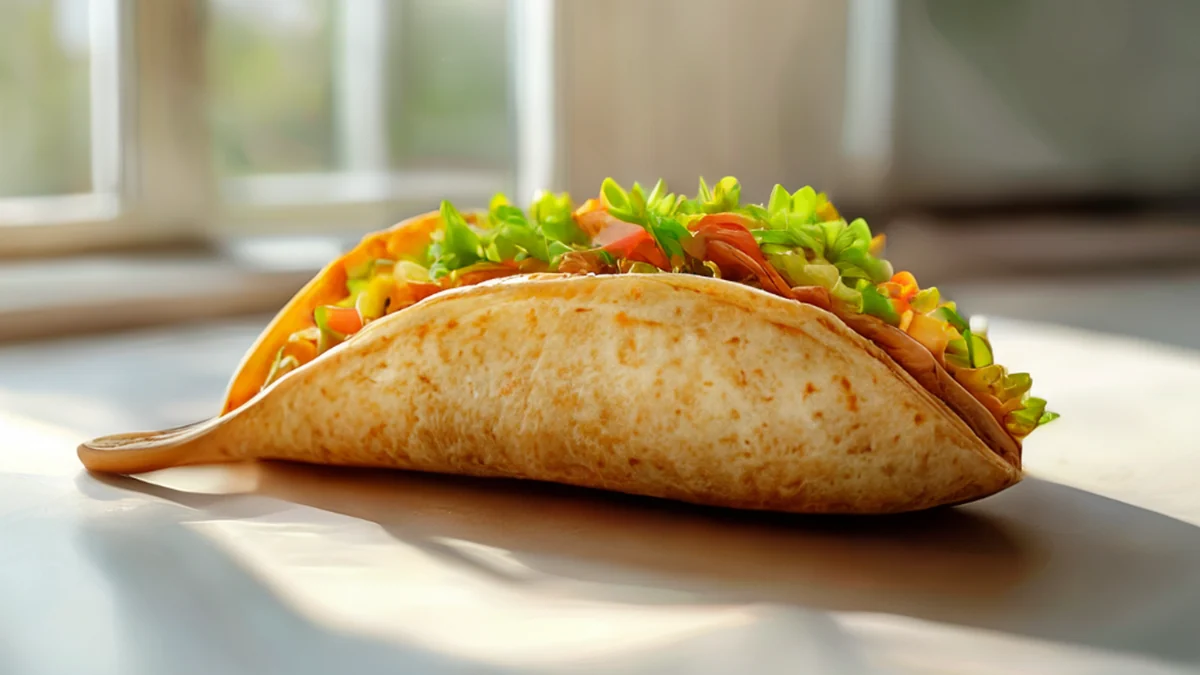 A large, curved taco shell spoon, brown with a rough, natural texture, resting on a white table under soft window light, shallow depth of field, photorealistic, sharp focus, high detail