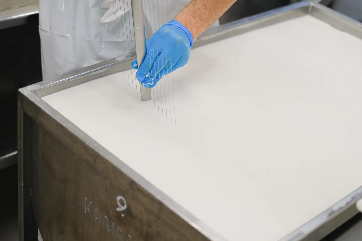 Worker using a tool in cheese production at a dairy, showcasing detailed cheese-making process.